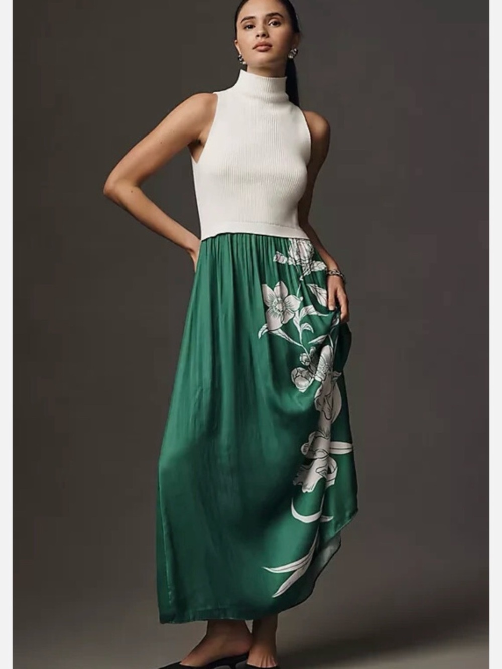 Anthropologie Green Maxi Dress with White Floral Print